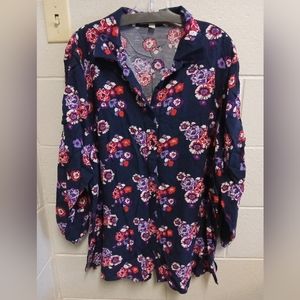 Woman Within Floral Button Front - Navy Blue - Floral Design Shirt, 18/20 Large